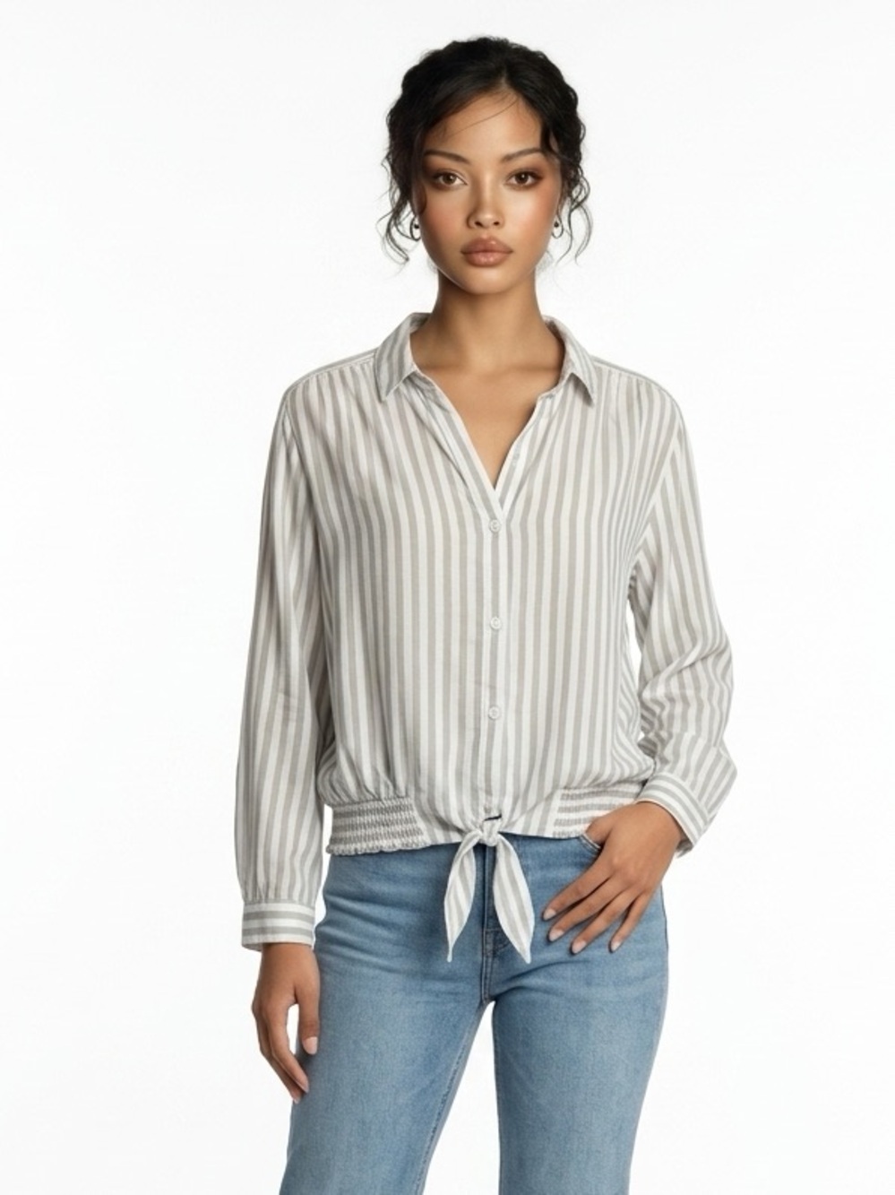 Beachlunchlounge Sage Green White Striped Tie Front Smocked Blouse XL NWT